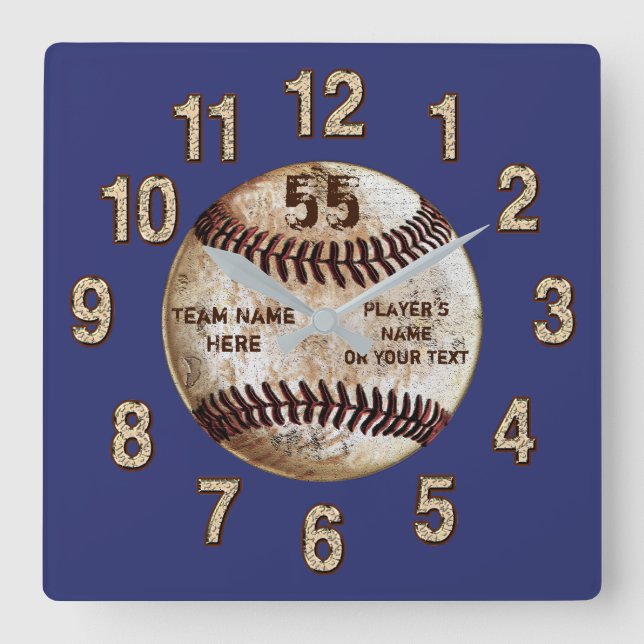 Quadrado Relógio personalizado de basebol, texto e cores (Frente)