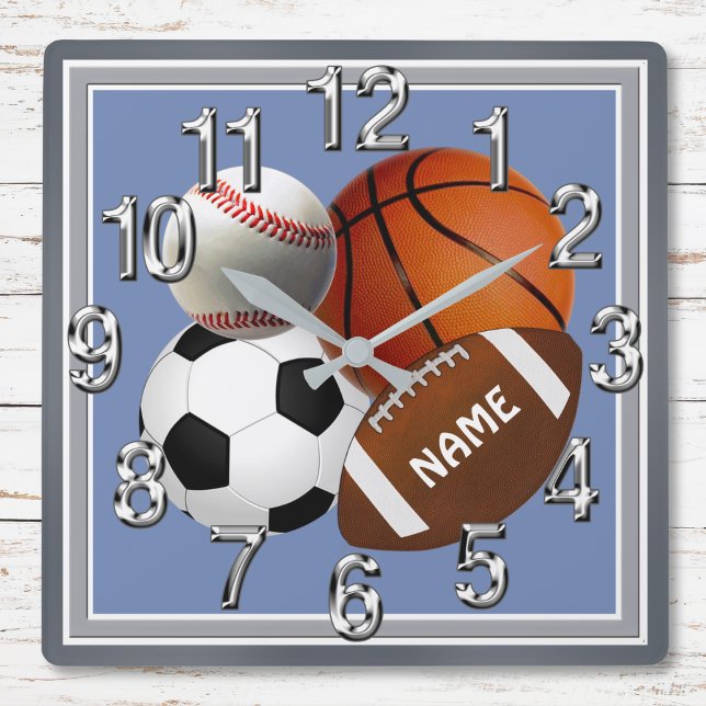 Quadrado Relógio personalizado do esporte, seu texto, cor (Sports themed wall clock. Sports themed bedroom decor.  Sports room decoration ideas. Sports mancave)
