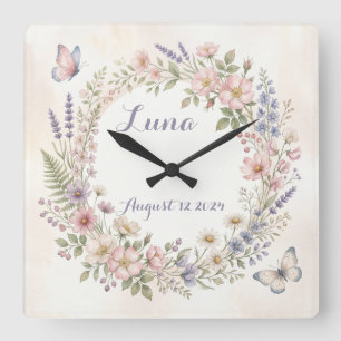 Quadrado Relógio Personalizado Floral Aquarela Sonhadora 