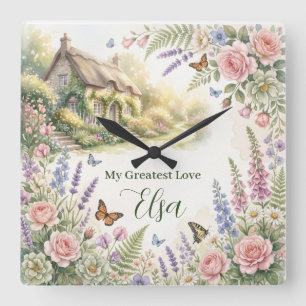 Quadrado Relógio Personalizado Jardim Floral Cottagecore So