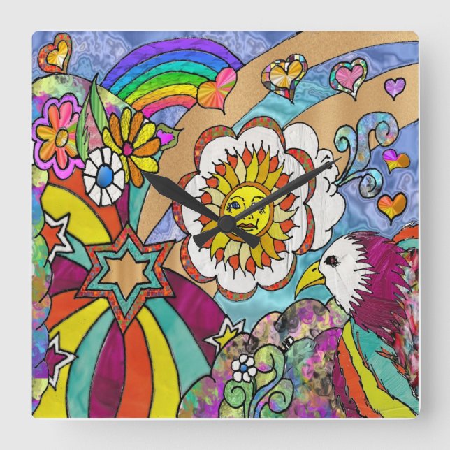 Quadrado Relógio Psicodélico de Águia Solar Retro 60s (Frente)