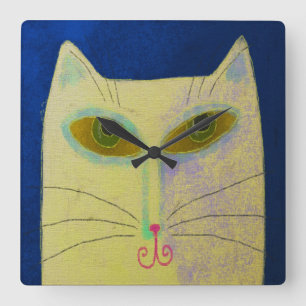 Quadrado Relógio Redondo Abstrato de Gato Amarelo