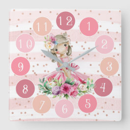 Quadrado Relógio Rosa Bonito com Ballerina Pequena Aquarela