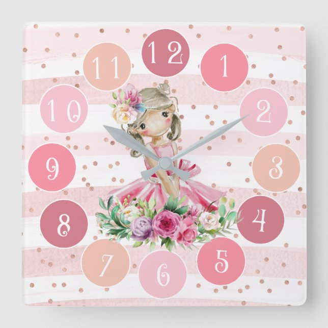 Quadrado Relógio Rosa Bonito com Ballerina Pequena Aquarela (Frente)