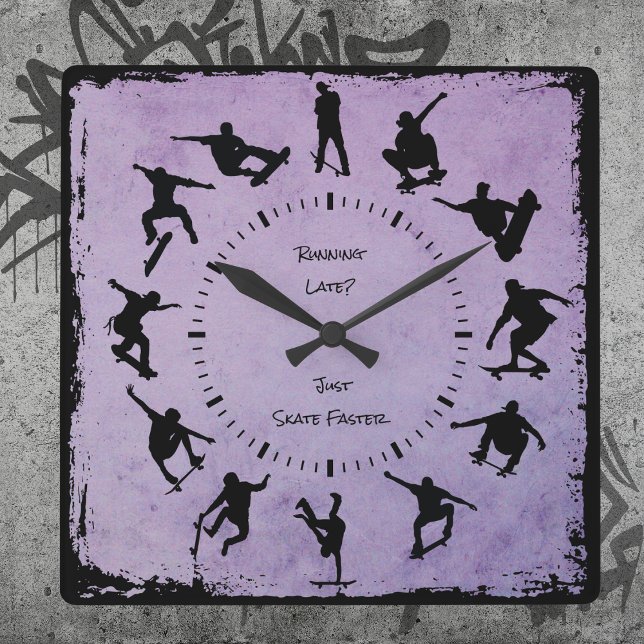 Quadrado Relógio Skater Boy Hora do Esmeril Roxo (Grind Time Custom Skater Boy Clock Purple)