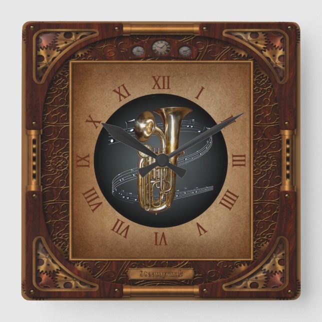 Quadrado Relógio Steampunk~Doublophone~Euphonium~ com duas  (Frente)