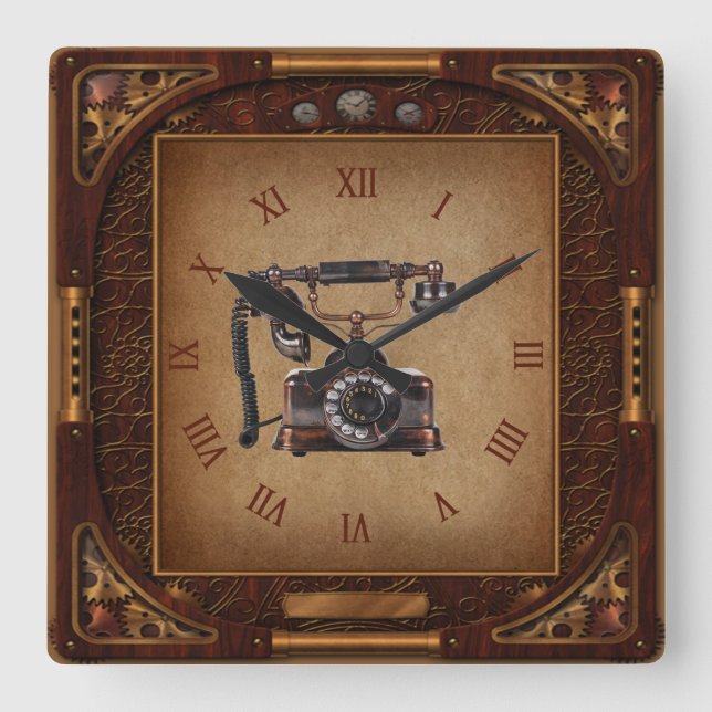 Quadrado Relógio Steampunk~Telefone Antiquado~Números Roman (Frente)