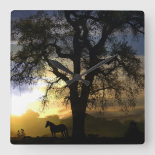 Quadrado Relógio Sunset com Árvore de Carvalho