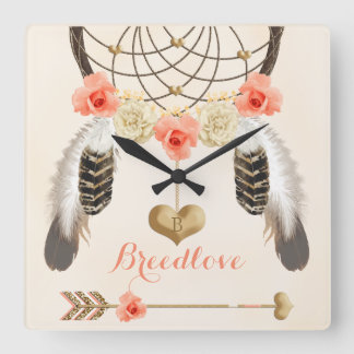 Quadrado Relógio Tribal de Boho com Dreamcatcher e Penas