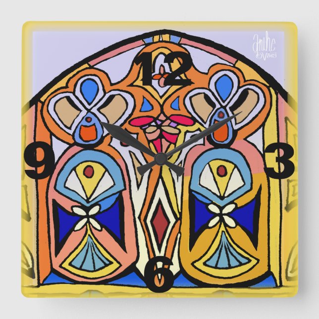 Quadrado Relógio - Vidro manchado inspirado. (Frente)