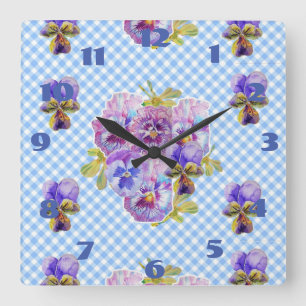 Quadrado Relógio Xadrez Floral de Pensées Azuis Shabby Chic