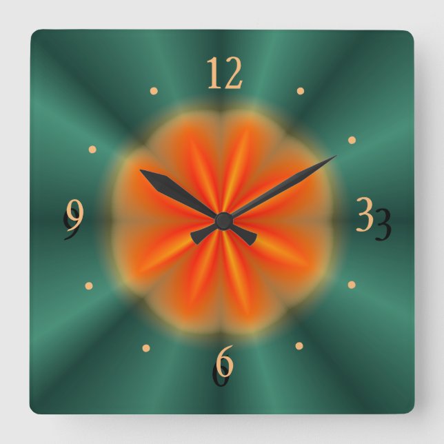 Quadrado Rosetas em vermelho/laranja com verde> Relógio de  (Frente)