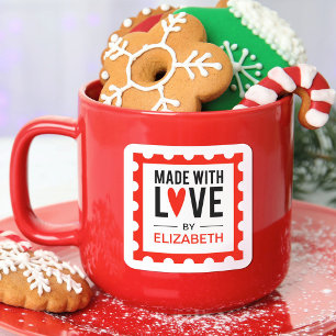 Quadrado Selo de Natal Vermelho Feito Com Amor Adesivo
