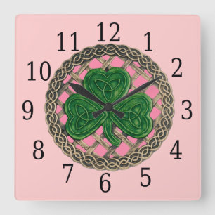 Quadrado Shamrock Cor-De-Rosa E Nódulos Celtas Relógio Quad