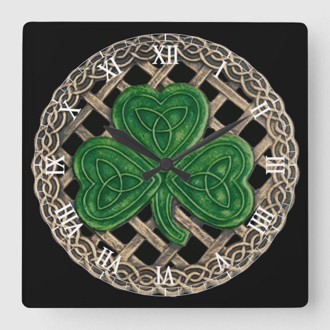 Quadrado Shamrock Preto e Números Celtas Relógio (Frente)