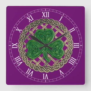 Quadrado Shamrock Roxo & Celtic Knos Relógio Numérico Rom