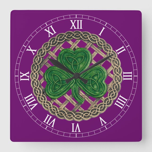 Quadrado Shamrock Roxo & Celtic Knos Relógio Numérico Roman (Frente)