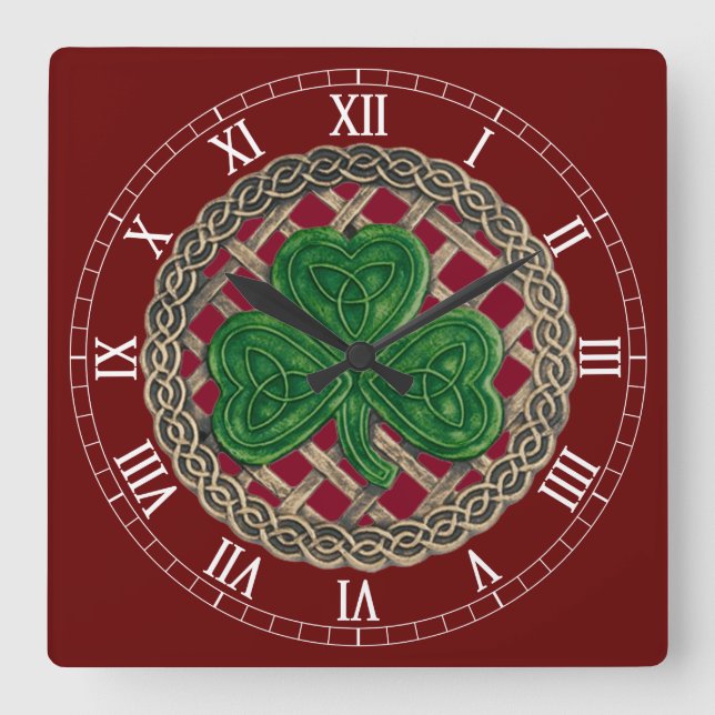 Quadrado Shamrock Vermelho e Números Celtas Relógio (Frente)