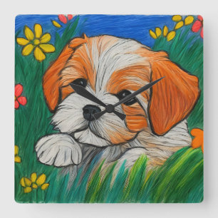 Quadrado Shihtzu crayon olha o relógio de arte