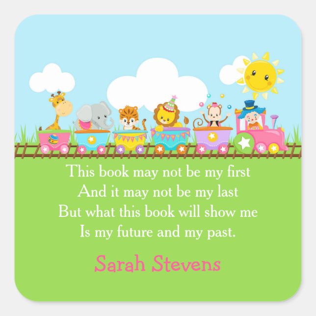 Quadrado Trem de Circo de Animais Fofos em Adesivo de Etiqu (Frente)