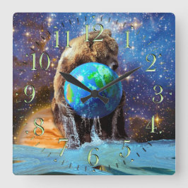 Quadrado Urso Cinza e Planeta Terra Fantasia Relógio de Art