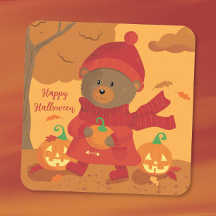 Quadrado Urso Pardo com Adesivo de Halloween de Abóbora