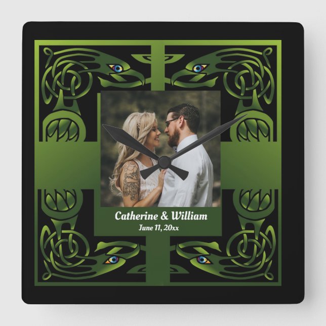Quadrado Verde Tradicional Irlandês Céltico     Relógio de  (Frente)