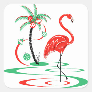 Quadrado vermelho da etiqueta do flamingo do Natal