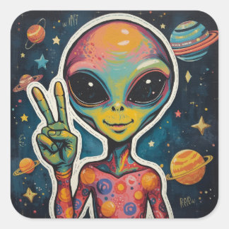 Quadrado Vibrações de Paz Cósmica: Arte de Adesivo Alien Fu