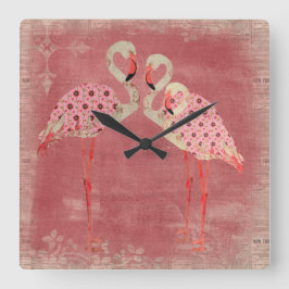 Quadrado Vintage Flamingos Florais, Rosa, Relógio