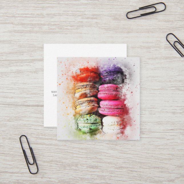 Quadrado Watercolor Macaron Cookie Cartão de visita (Frente/Verso In Situ)
