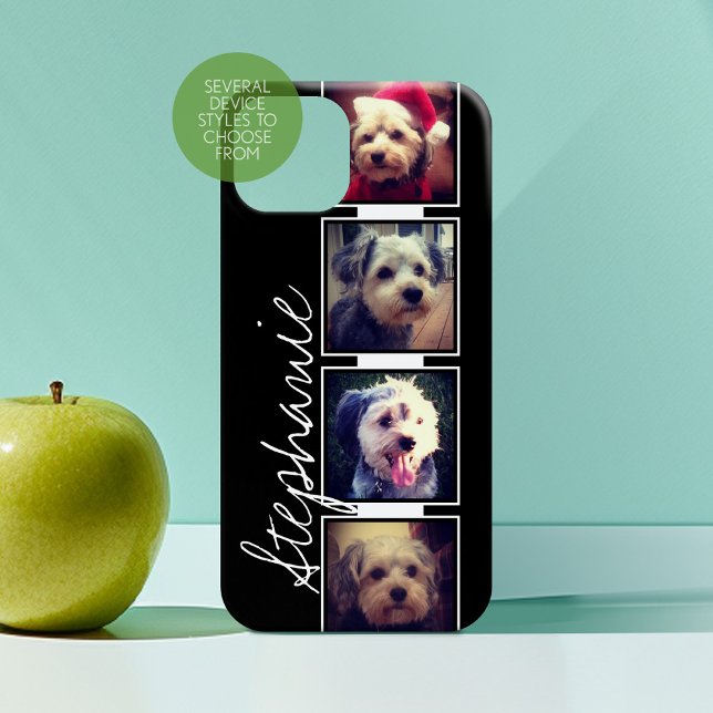 Quadrados de Colagem de Fotos Pretos e Brancos com (Personalized Phone Case with 4 Photos and Custom Name)
