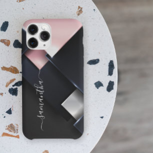 Quadrados Pretos Cor-de-Rosa Monograma 3-D Metálic