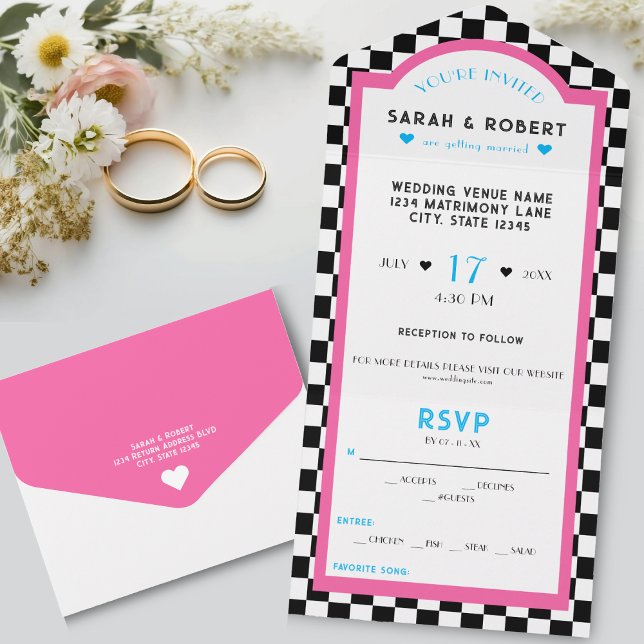 Quadro de Controle do Diner Retroativo, Casamento  (Retro Diner Checkerboard Pink & Blue Wedding All In One Invitation)