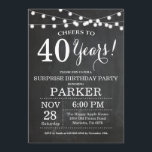 Quadro De Convite De aniversário de 40 anos Surpre<br><div class="desc">Surpresa aniversário de 40 anos Invitation Chalkboard Background com luzes de sequência.Preto & Branco. 13 15 16º 18º 20 21 rua 30 40º 50º 80 de 60º 70 de 100º, qualquer idade. Aniversário Adulto. Mulher ou Festa de aniversário masculina. Para mais personalização, clique no botão "Personalizar" e use a ferramenta...</div>