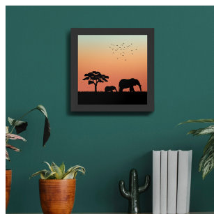 Quadro De Madeira Afafricano Safari Sunset Elephant Silhouette