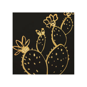 Quadro De Madeira Arte moderna em Cactus Line Arte em Preto e Dourad