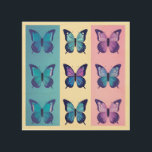 Quadro De Madeira Butterfly Pop Art<br><div class="desc">Adicione um toque de capricho à sua decoração doméstica com esta design de Arte Pop da Borboleta. Este design colorido e lúdico apresenta um grupo de borboletas em vários tons de azul, roxo e rosa. Perfeito para qualquer quarto em sua casa, esta design deve trazer um sorriso para sua cara....</div>