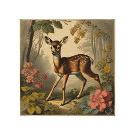 Quadro De Madeira Floral Vintage Forest Baby Deer