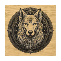 Lobo Espírito Lunar: Arte Celestial sobre Madeira