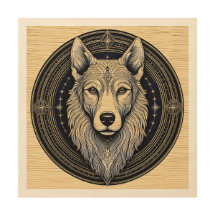 Lobo Espírito Lunar: Arte Celestial sobre Madeira