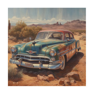 Quadro De Madeira O velho carro azul desertado também no deserto
