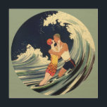 Quadro De Madeira Vintage Art Deco lança beijo nas ondas na praia<br><div class="desc">Ilustração Vintage arte deco amor e imagem romântica com um jovem casal abraçando e beijando sob o surf,  uma onda oceânica na praia. Artista: George Barbier,  c. 1921.</div>