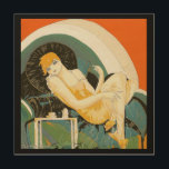 Quadro De Madeira Vintage Art Deco Mulher reformulando no sofá, Chom<br><div class="desc">Linda arte da canvas de madeira com uma ilustração antiga da imagem diária de arte deco apresentando uma mulher elegante sentada e relaxando em um sofá ao lado de uma mesa com uma xícara de café e um pote de café. Reclinando a mulher por S. Chompre.</div>