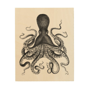 Quadro De Madeira Vintage Octopus Wood Canvas