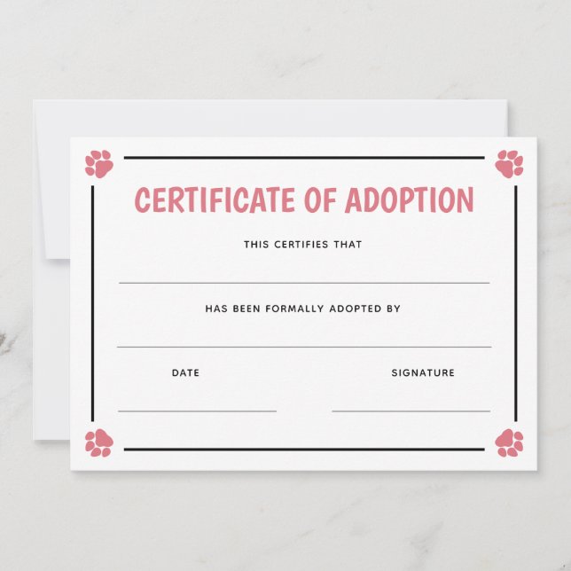 Quadro de Pegada de Pata Rosa Certificado de Adoçã (Frente)