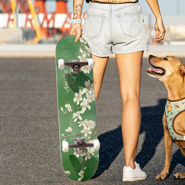 Quadro de skate de flores brancas Primavera verdes (Criador carregado)