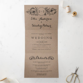 Quadro floral de cartão Kraft com iniciais de casa