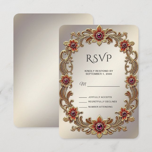 Quadro Floral Dourado com placa RSVP de Pedras Ver (Frente/Verso)