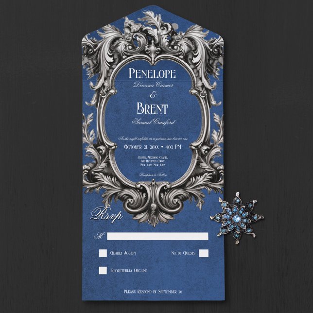 Quadro Vitoriano Gótico Azul Moody Sem Janto (Gothic Blue Moody Victorian Frame No Dinner All In One Invitation)